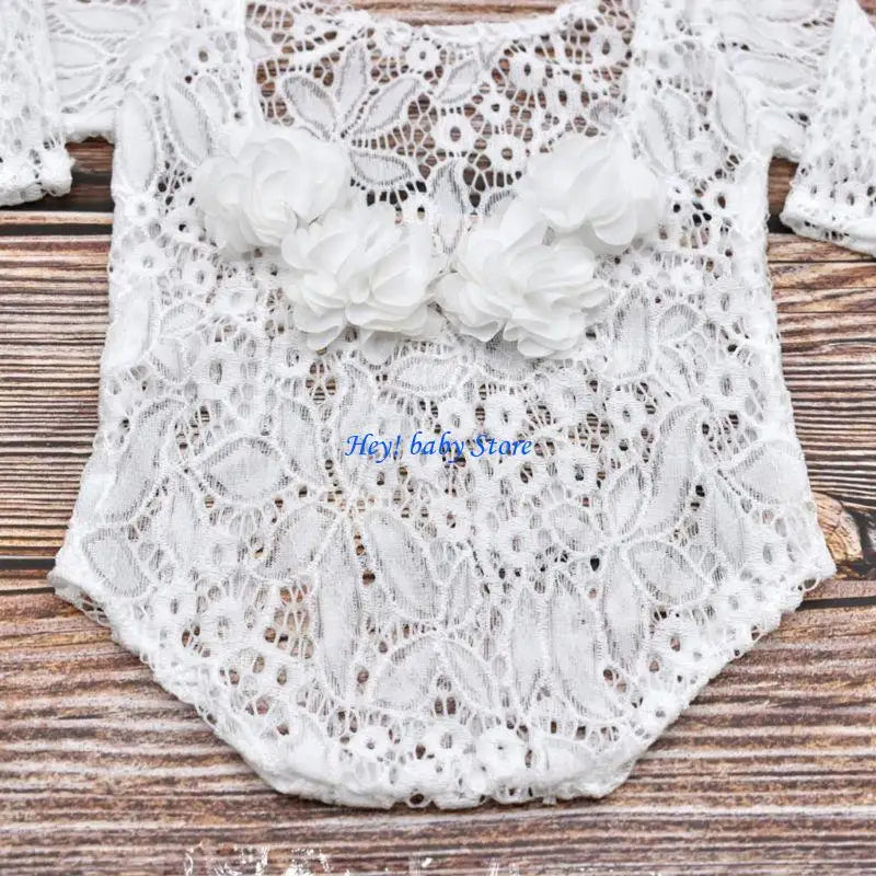Baby Girl Lace Romper & Flower Pearl Headband Photography Set