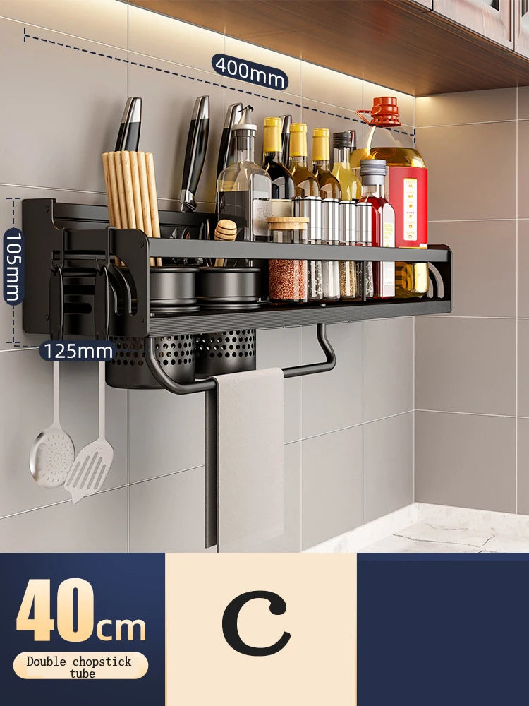 Kitchen Organizer Shelf Wall-mounted Spice Storage Rack Kitchen Knife Holder Wall Seasoning Chopstick Spoon Shovel Storage Peaceful Pleasures Health and Wellness 40CM C