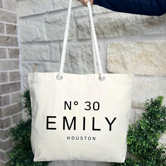 Custom Hemp Punched Canvas Bags 30th 40th 50th Years Tote Bag with Name and State Birthday Celebration Gift for Women Bday Party Peaceful Pleasures Health and Wellness