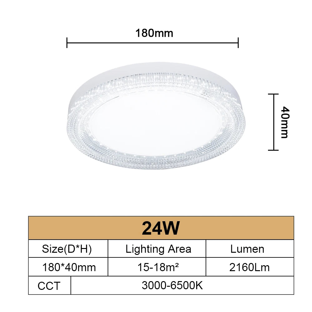 RUNTOIN 24/36/48W CCT Crystal LED Ceiling Light | Modern Lamp