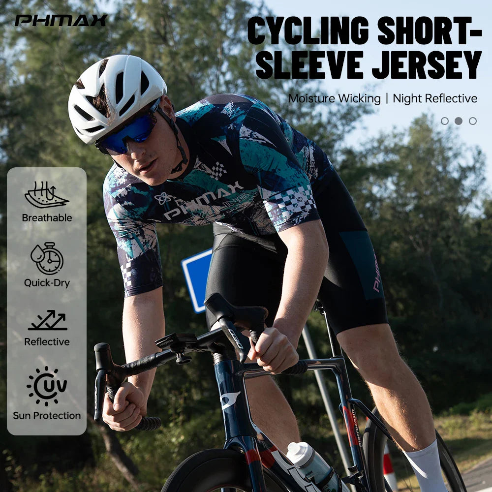 PHMAX Men's Short Sleeve Cycling Jersey – Full-Zip, 3 Pockets