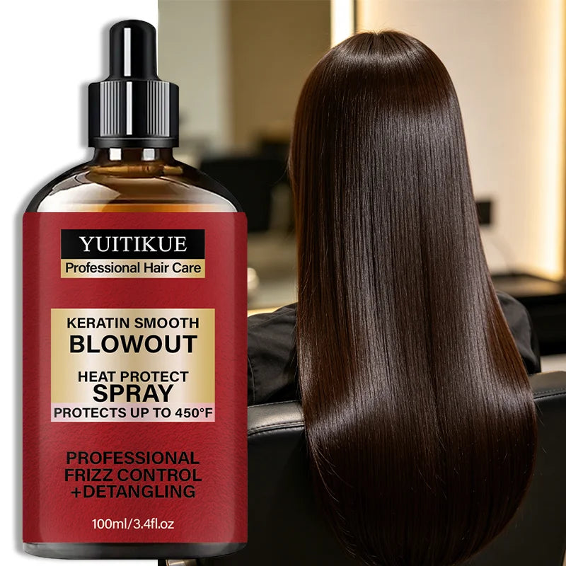 YUITIKUE Keratin Smooth Blowout Heat Protect Spray 100ml Up to 450°F Frizz Control Detangling Hair Care Peaceful Pleasures Health and Wellness