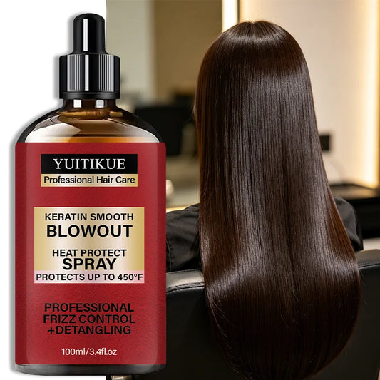 YUITIKUE Keratin Smooth Blowout Heat Protect Spray 100ml Up to 450°F Frizz Control Detangling Hair Care Peaceful Pleasures Health and Wellness