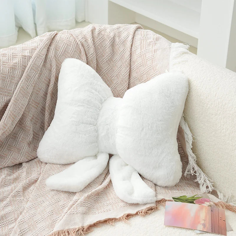 Pink Bow Faux Rabbit Fur Throw Pillow | Decorative Cushion Decorative Throw Pillow Peaceful Pleasures Health and Wellness WHITE