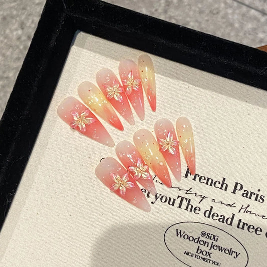 Handmade Press on Nails Summer Ice Clear Lily Flower Fake Nails Wearable Detachable Gradient Pink Long Pointed False Nail Tips Peaceful Pleasures Health and Wellness M