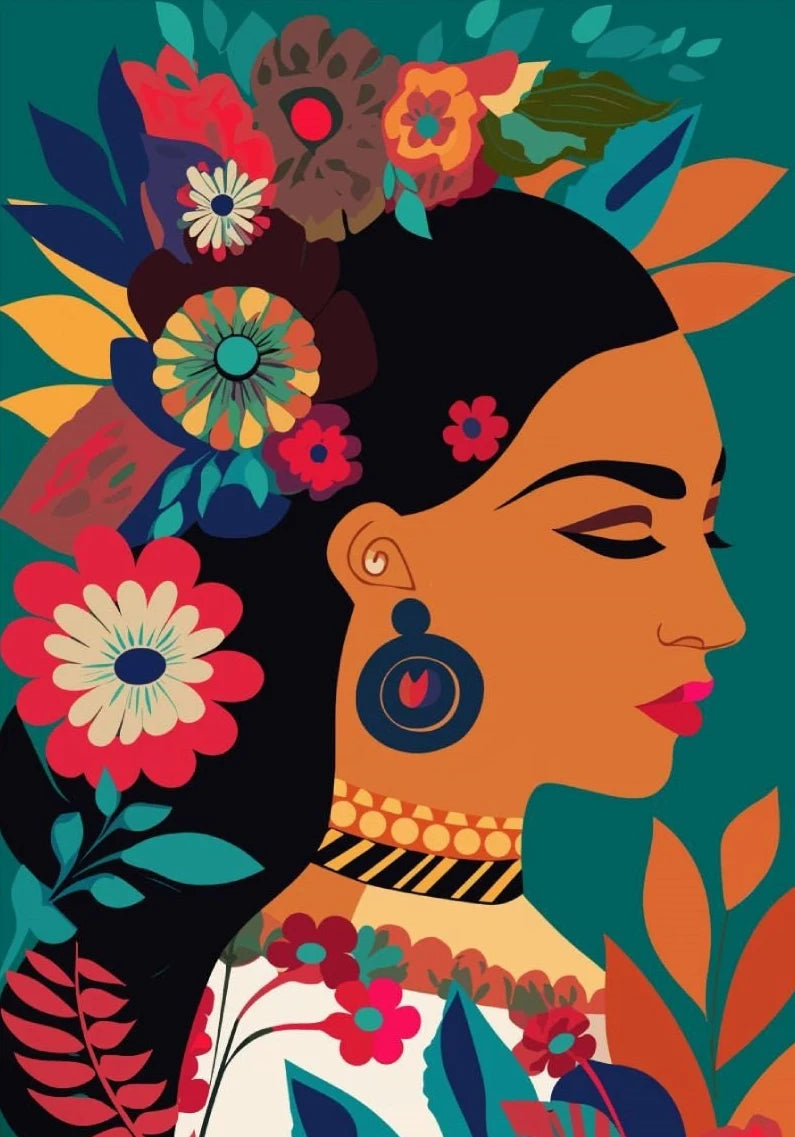 Latina Woman Floral Canvas Wall Art | Ethnic Maximalist Print