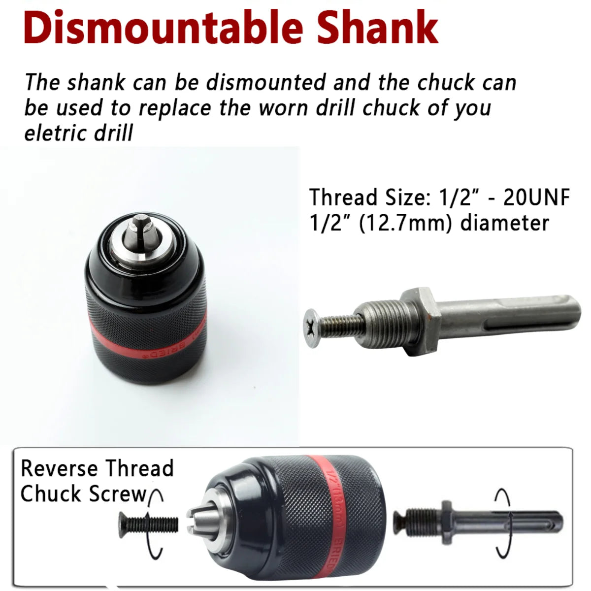 Keyless Drill Chuck 1/2-20UNF 2–13mm Self-Tightening 3-Jaw Peaceful Pleasures Health and Wellness
