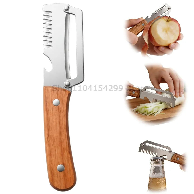3-in-1 Wooden Handle Vegetable Peeler – Stainless Steel