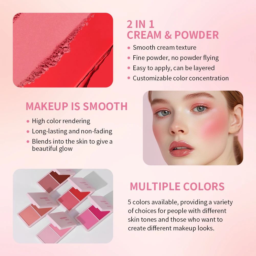 2in1 Cream & Powder Blush Matte Dewy Rosy Blush Makeup Pan Long-lasting Wearing High Pigment Natural Matte Blush Palette Peaceful Pleasures Health and Wellness