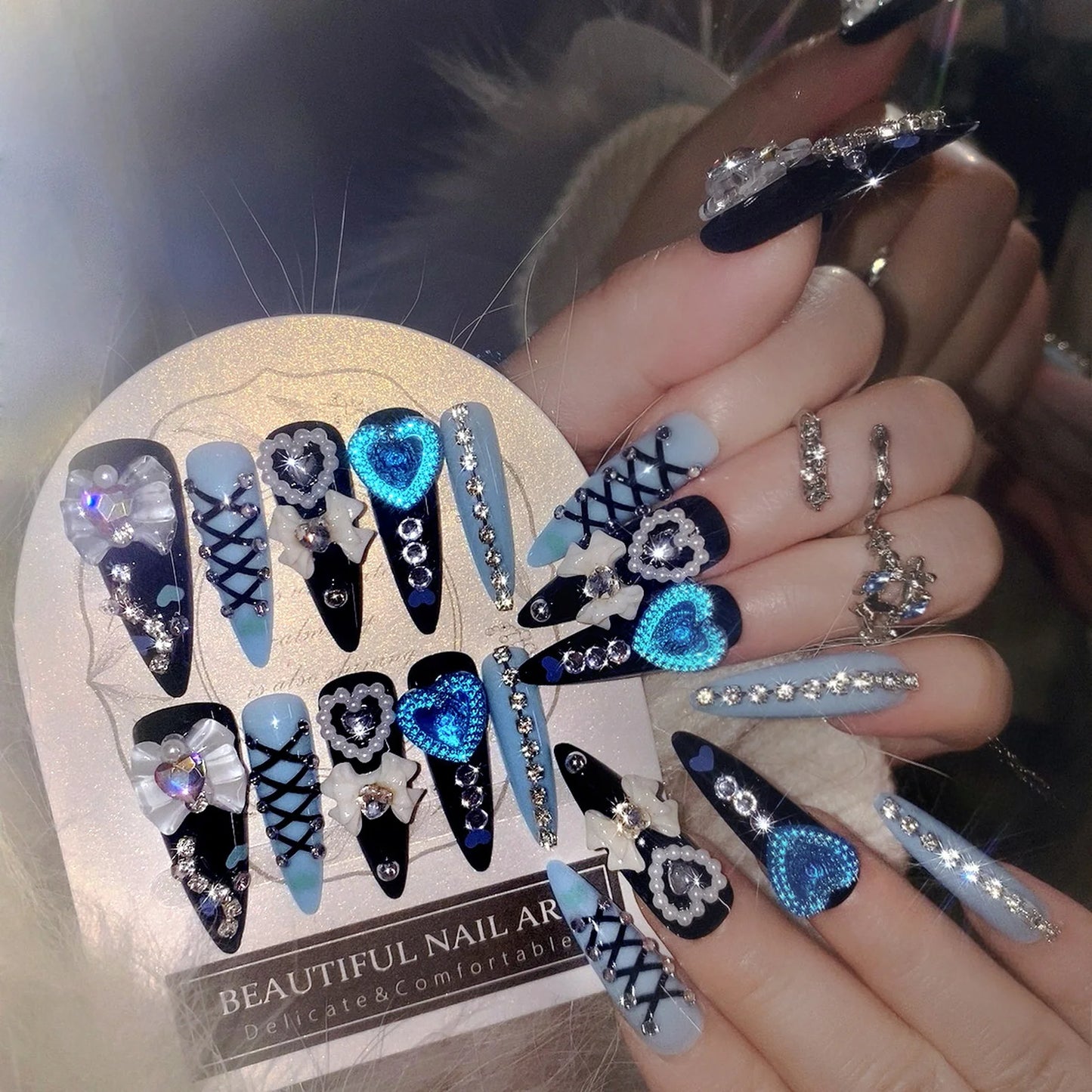 24pcs 3D Bow Press On Nails | Y2K Glitter Rhinestone Almond Set Press On Nails Peaceful Pleasures Health and Wellness