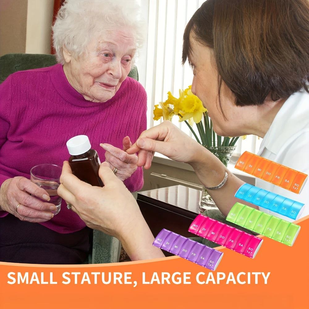 7Day Pill Organizers with Labeled Compartments Monday to Sunday Color-Coded for Travel And Daily Use Featuring a Vibrant Familie Peaceful Pleasures Health and Wellness