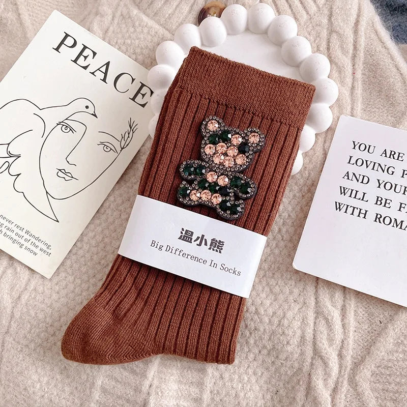 Diamond Cartoon Bear Decorative Socks, Fashionable Diamond Sparkling Women's Socks, Comfortable And Breathable Christmas Socks Peaceful Pleasures Health and Wellness Chocolate EU35-39