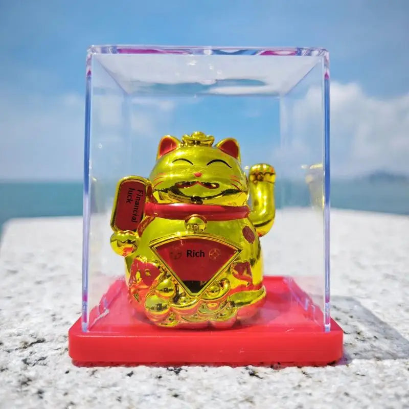 Solar Waving Lucky Cat Ornament | Mini 2" Desk Fortune Décor