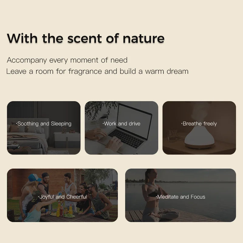 Promotional text and images of a diffuser with various uses and settings.