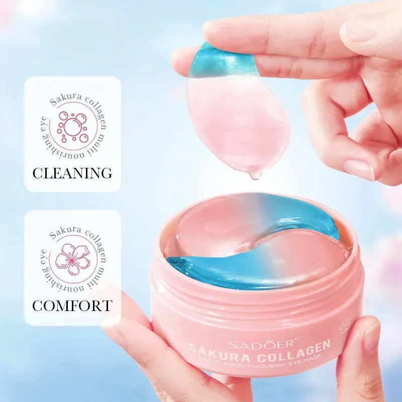 60pcs SADOER Sakura Collagen Eye Mask Anti Dark Circles Eyes Bags Removal Moisturizing Firming Eye Patches Skin Care for Eyes Peaceful Pleasures Health and Wellness
