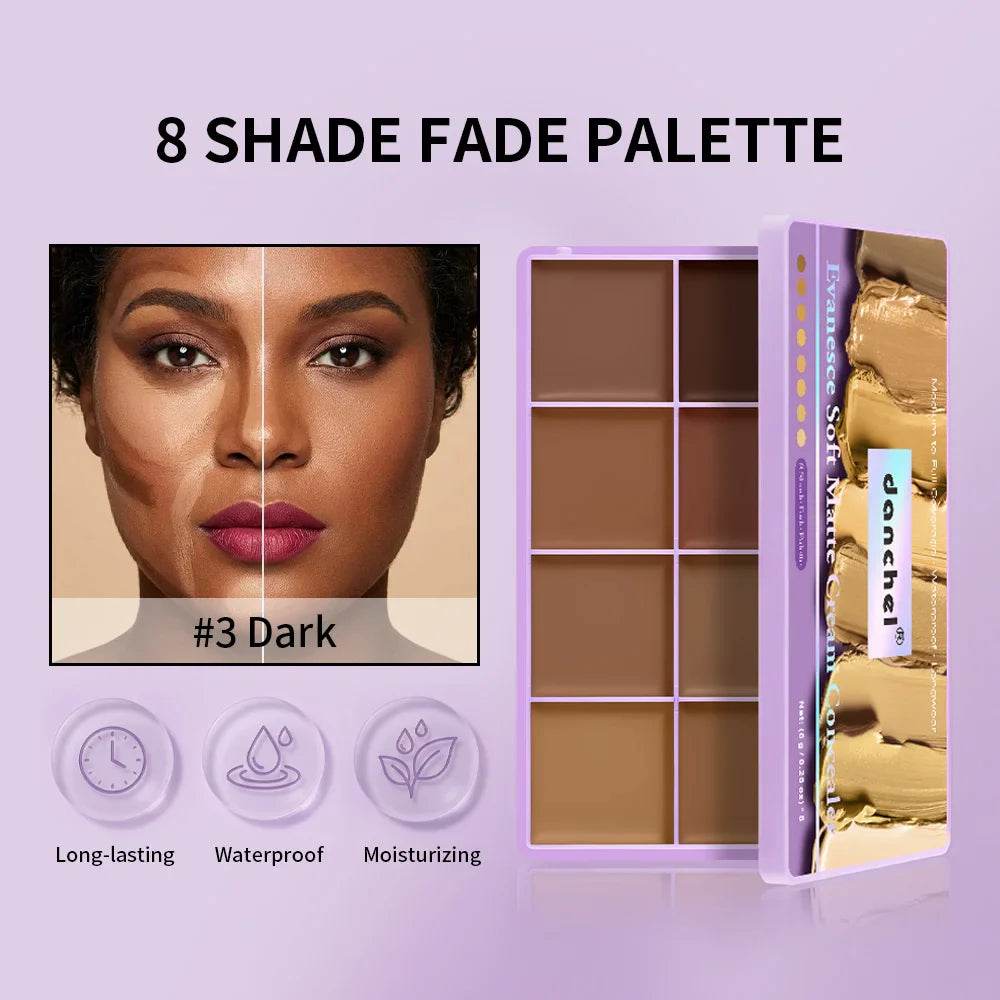 8-Shade Matte Cream Concealer Palette – Full Coverage, 12H Wear