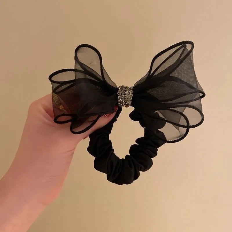 New Mesh Rhinestone Bow Hair Ties Scrunchies Women Girls Elastic Hair Bands Headwear Ribbon Bowknot Ponytail Hair Accessories Peaceful Pleasures Health and Wellness A
