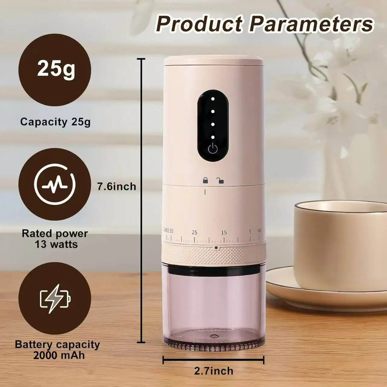 URGGU USB Coffee Bean Grinder – 38 Gears, 2000mAh Portable