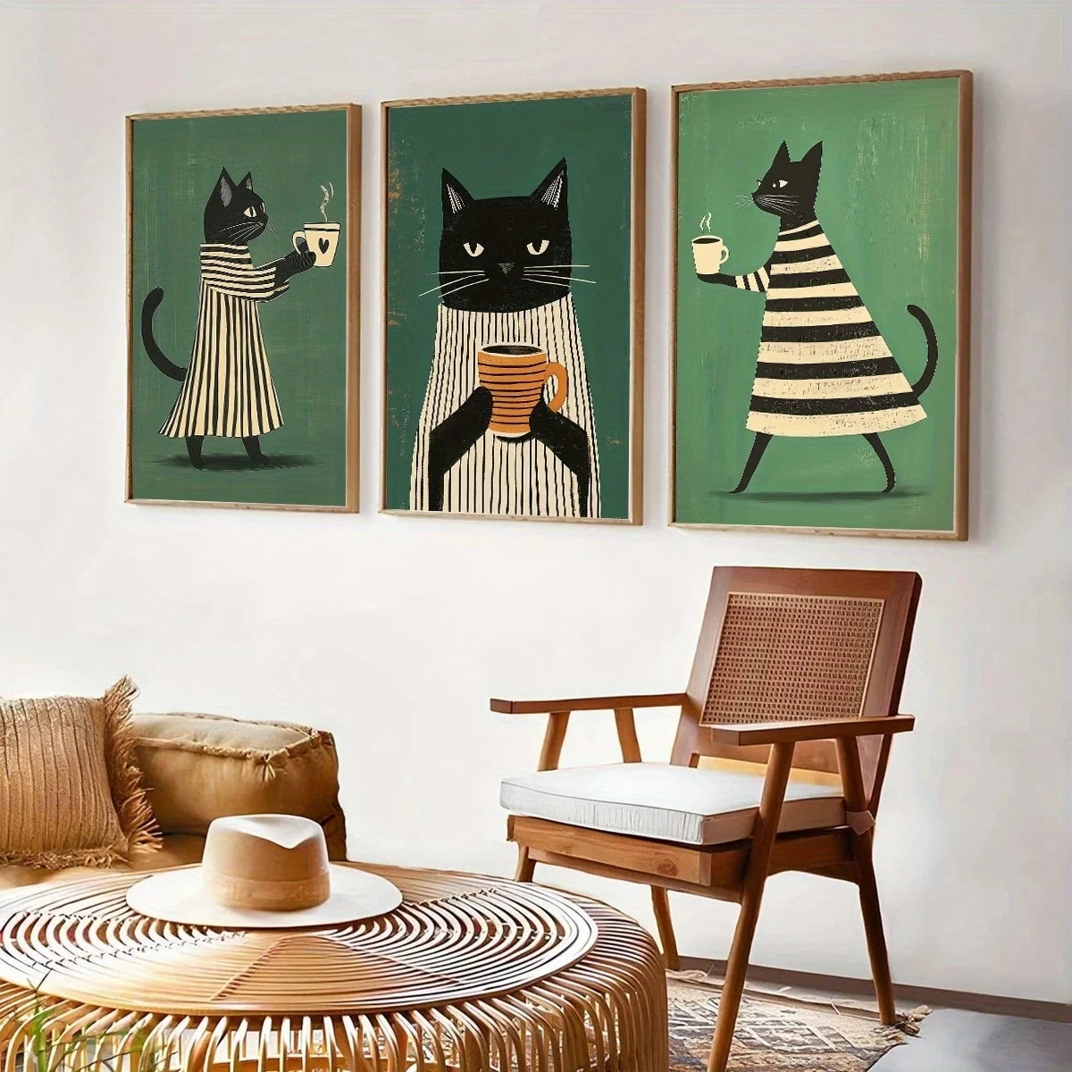 3-Piece Black Cat Coffee Canvas Wall Art | Minimalist Home Décor