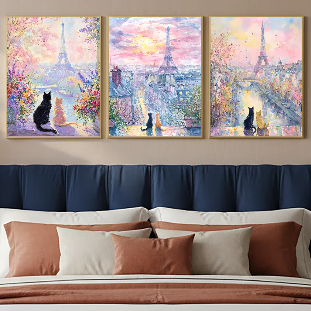Animal Landscape Wall Art, Paris Eiffel Tower Cat Canvas Painting, Nordic Pastel Poster Print for Bedroom Living Room Wall Decor Peaceful Pleasures Health and Wellness