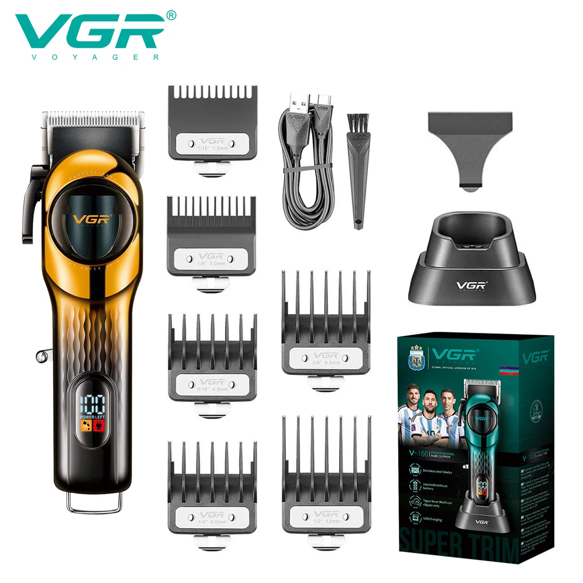 VGR 166 professional intelligent digital rechargeable hair clipper with gradient ribbon base adjustable electric push shear Peaceful Pleasures Health and Wellness 166 yello usb
