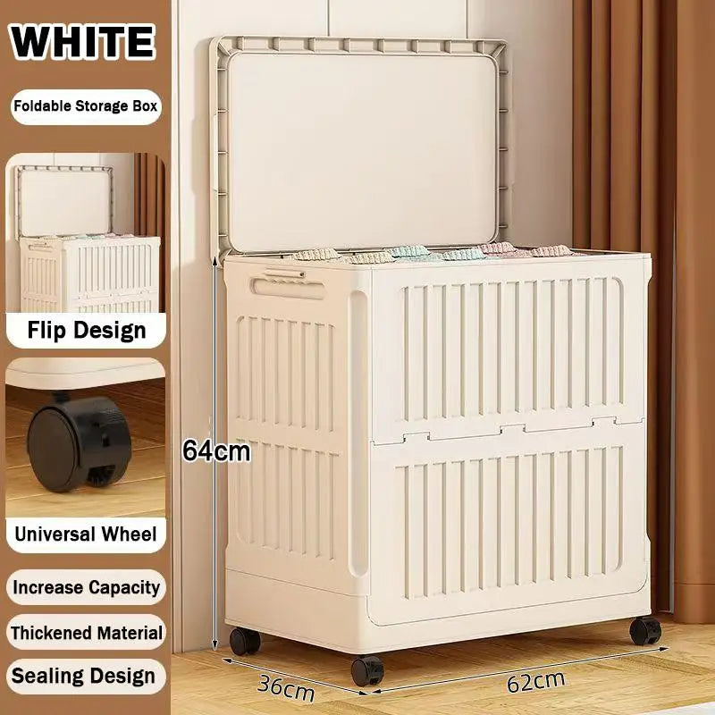 Foldable Plastic Storage Box with Wheels – Large Organizer Rolling Storage Box Peaceful Pleasures Health and Wellness White 1 Door