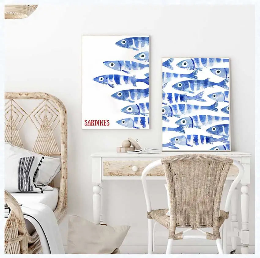 Blue Sardines Fish Canvas Print Set | Japanese Cute Wall Art