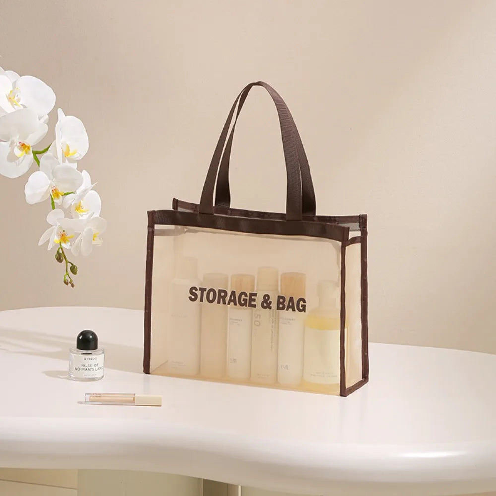 Large Capacity Shoulder Bag Hollow Mesh Transparent Swim Tote Bag Multifunctional Waterproof Beach Toiletry Storage Bag Women Peaceful Pleasures Health and Wellness Brown-S