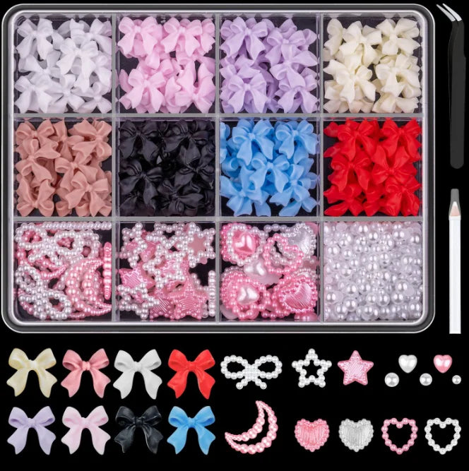 1 Box Multi Ribbon Bow Resin Nail Decoration Mixed Alloy Pearl Love