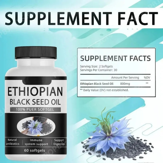 Black Seed Oil 800mg Capsules | 100% Ethiopian Pure | 60 Softgels Herbal Supplement Peaceful Pleasures Health and Wellness
