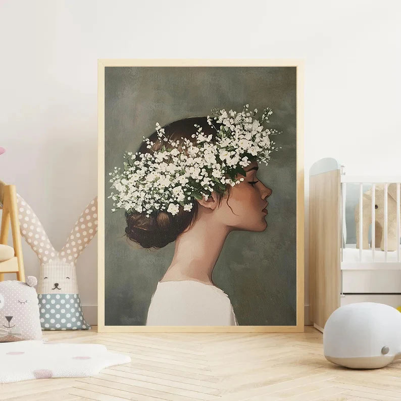 Boho Floral Bird Girl Portrait Canvas Wall Art | Nordic Print