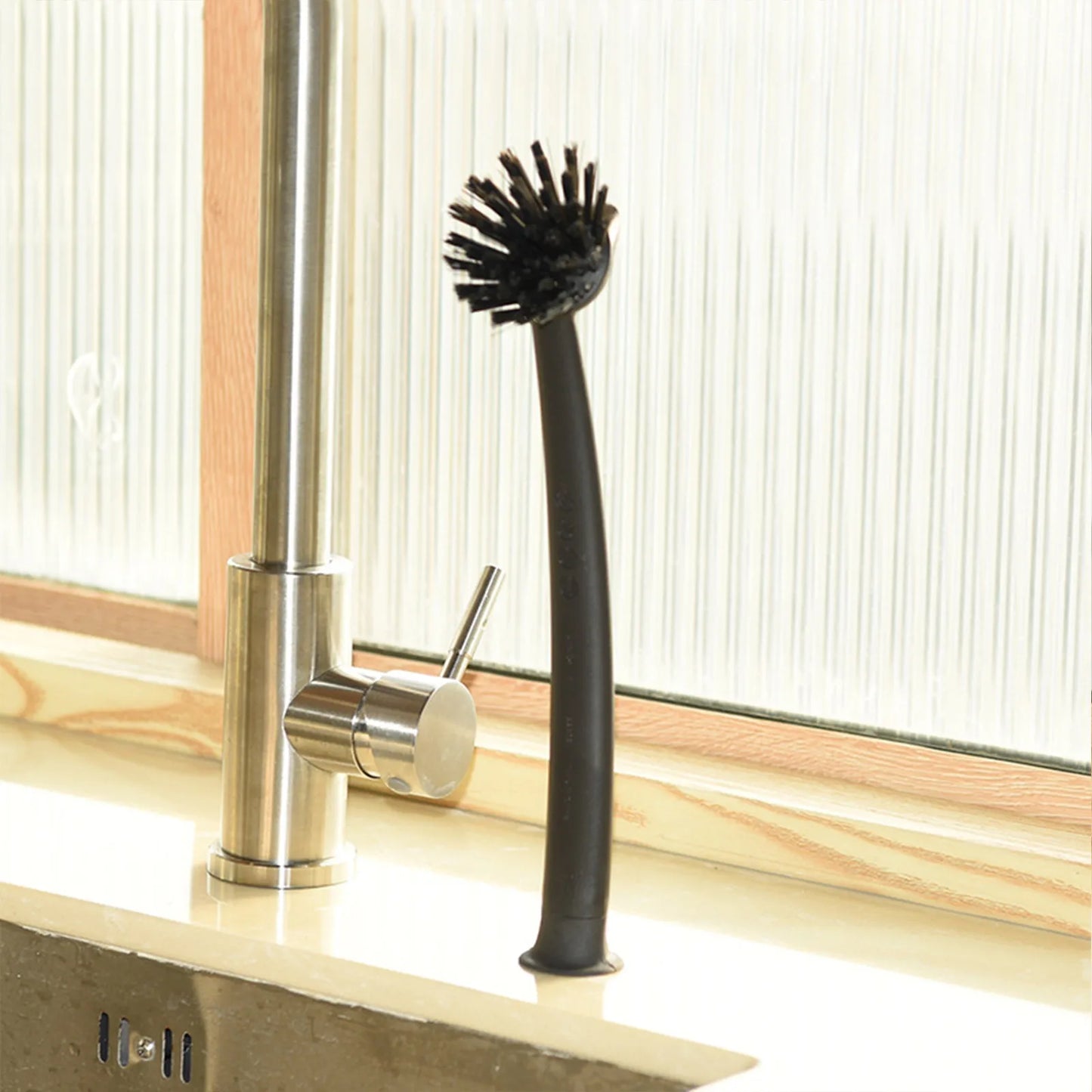 Long Handle Dishwashing Brush with Suction Cup | Kitchen Scrubber Kitchen Cleaning Brush Peaceful Pleasures Health and Wellness Black