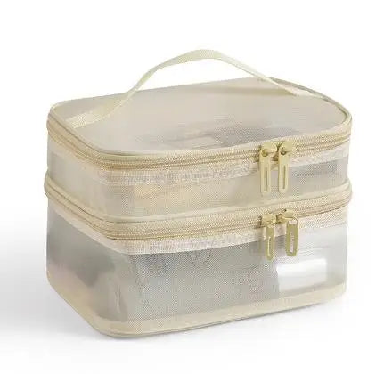 Double Layer Mesh Makeup Bag, Wash Bag, Women's Portable New Large Capacity Storage Bag, Cosmetics Storage Bag Peaceful Pleasures Health and Wellness Beige