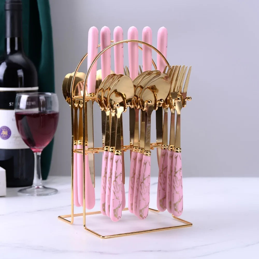 24-Piece Marbled Stainless Steel Cutlery Set with Storage Rack