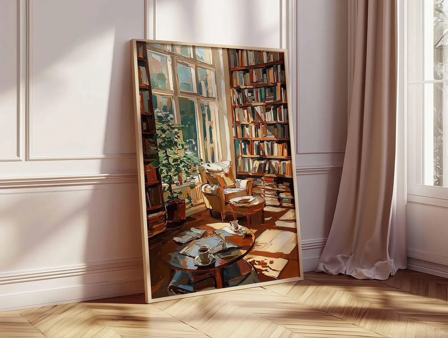 Cozy Reading Room Art Print | Impressionist Library Poster | Book Lover Wall Art | Warm Home Decor | Rustic Study Painting Style Peaceful Pleasures Health and Wellness