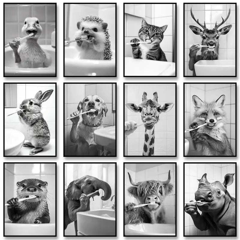 Funny Bathroom Animal Canvas Wall Art | Vintage Brushing Teeth