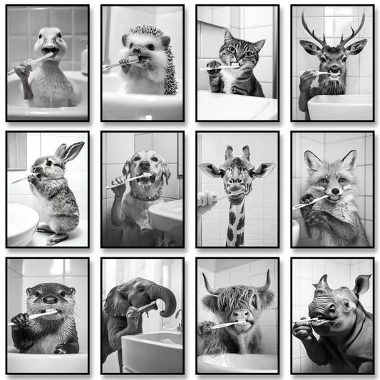 Funny Bathroom Animal Canvas Wall Art | Vintage Brushing Teeth Canvas Wall Art Print Peaceful Pleasures Health and Wellness