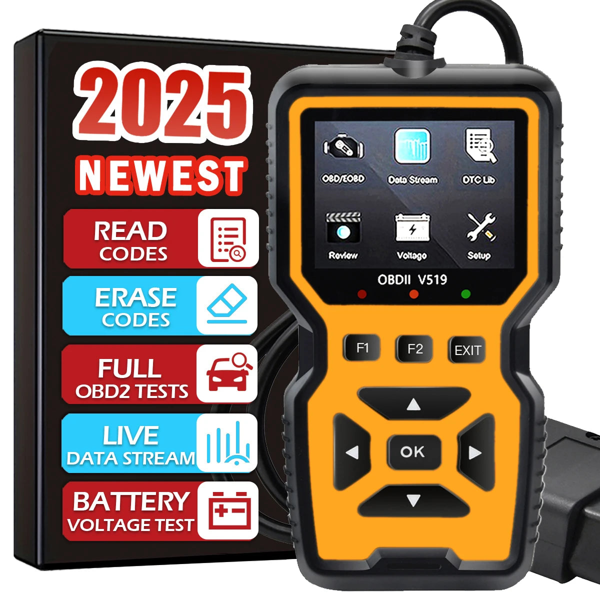 V519 Professional Obd2 Diagnostic Tool for Heavy Duty Vehicle Repair - Code Reader/Resetter, Supports Real-Time Data Stream, No Battery Required, Compatible with Vehicles from 1996 Onwards (Obdii/Eobd, Mode 6/8), Suitable for Peaceful Pleasures Health and Wellness YELLOW