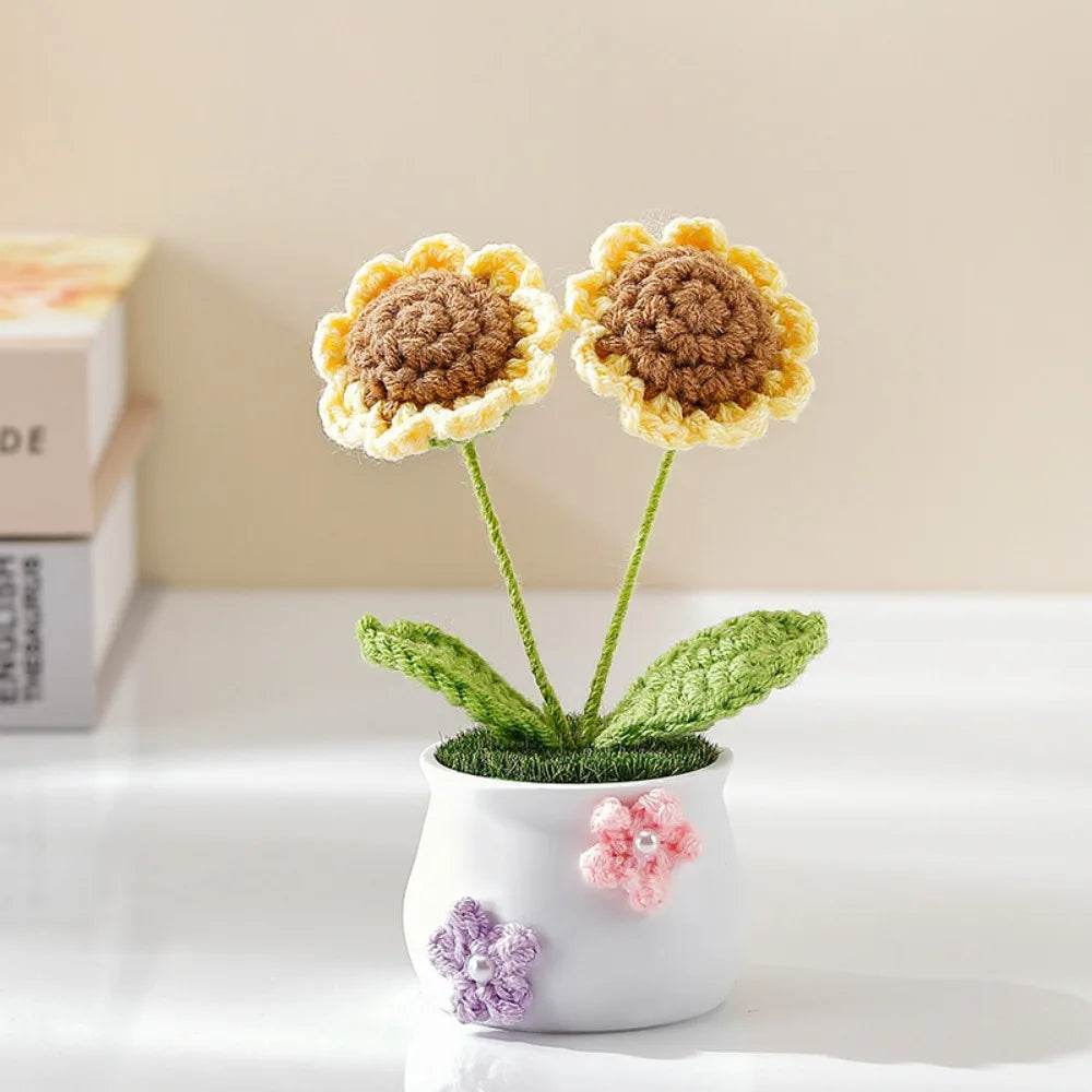 Mini Handmade Crochet Flowers Sunflower Tuilp Flowers Birthday Gift Knitted Flower Pot Decor Desktop Woven Graduation Gift Peaceful Pleasures Health and Wellness Sunflower