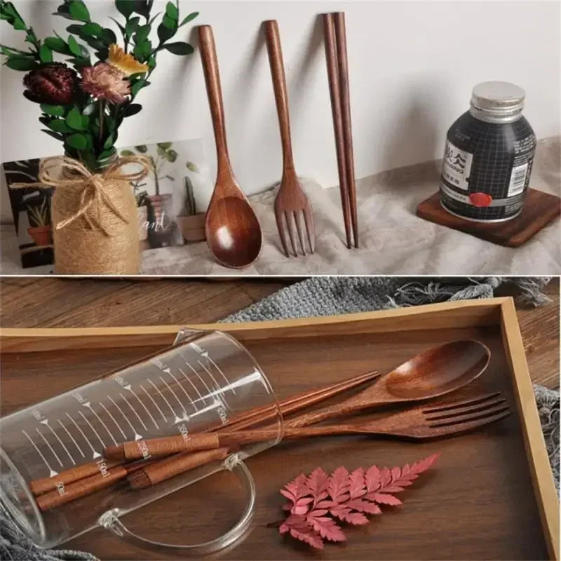3 Piece Set Stainless Steel Cutlery Wooden Tableware Coffees and Teas Tableware Forks Spoon Korean Plates Dinner Sets Chopsticks Peaceful Pleasures Health and Wellness