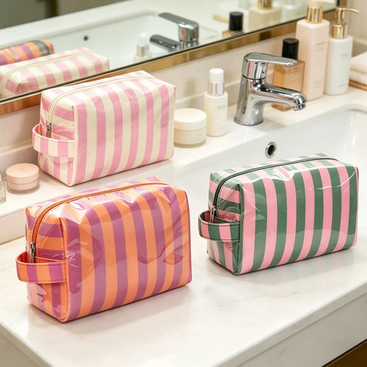 Striped Toiletry Bag – Women's Travel Cosmetic Makeup Organizer Travel Cosmetic Bag Peaceful Pleasures Health and Wellness