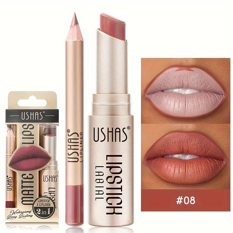 USHAS 12-Color Matte Lipstick & Lip Liner Set – Waterproof