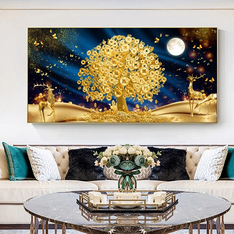 Abstract Luxury Flowers Canvas Painting, Golden Rich Tree, Wall Art Posters Money Tree Prints, Living Room, Porch, Home Decor Peaceful Pleasures Health and Wellness fj5 9 50x100cm