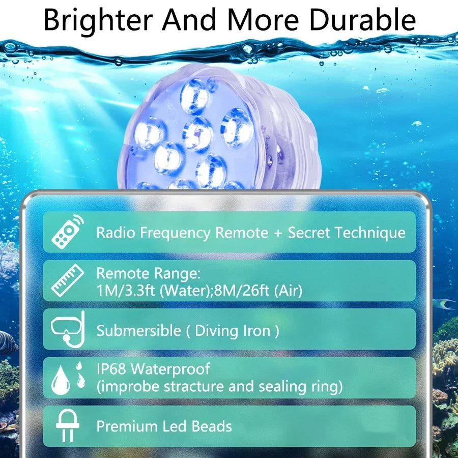 RGB Submersible LED Lights – 10 LED, IP68, Remote Control