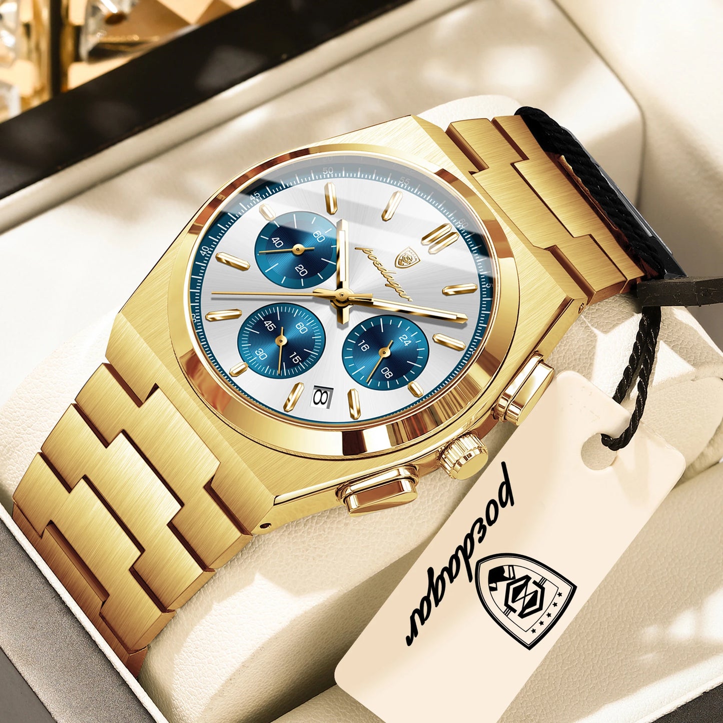 POEDAGAR Top Business Men's Watch Chronograph Date Stainless Steel Classic Man Clock Waterproof Luminous Quartz Watches For Men Peaceful Pleasures Health and Wellness Gold White Blue China Mainland