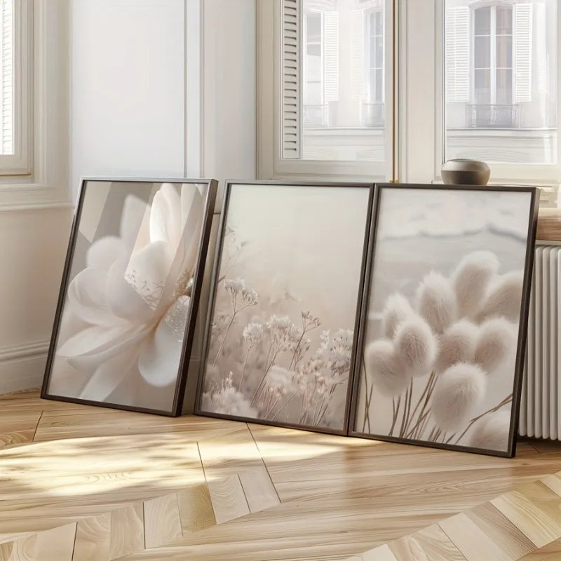 3-Piece Beige Botanical Floral Canvas Wall Art | Nordic Boho Canvas Wall Art Peaceful Pleasures Health and Wellness