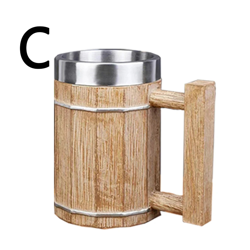 Wooden Barrel Beer Cup Stainless Steel Coffee Mug Viking Style Vintage Beer Mug Double Wall Drinking Cup Halloween Bar Drinkware Peaceful Pleasures Health and Wellness C 600ml