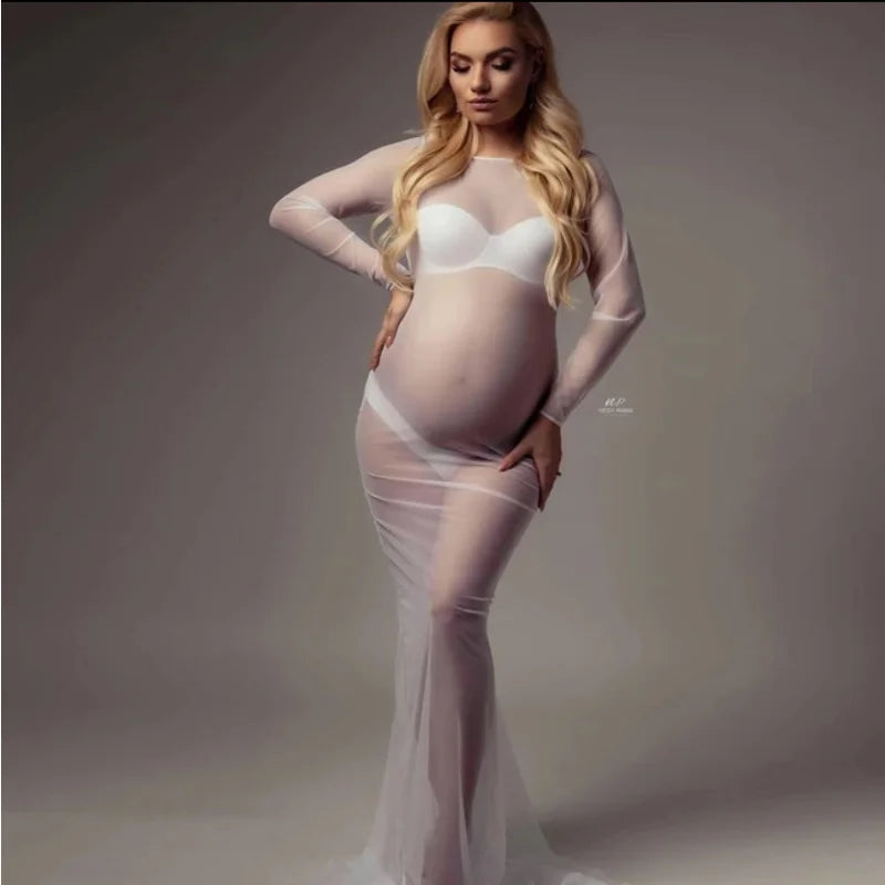 Tulle Bodysuit Pregnancy Dress Mesh Fabric Long Sleeve Stretch Women Maternity Outfit Slim Fit Style Skirt For Photo Shoot Peaceful Pleasures Health and Wellness