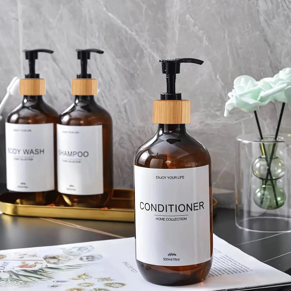 Bathroom Shampoo Dispenser Set 500ml Conditioner Body Wash Bottles Refillable Dispenser Farmhouse Decoration Storage Bottles Peaceful Pleasures Health and Wellness