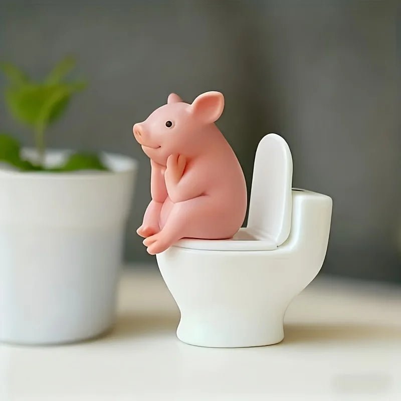 Cute Pig on Toilet Figurine | Whimsical Bathroom Desk Ornament